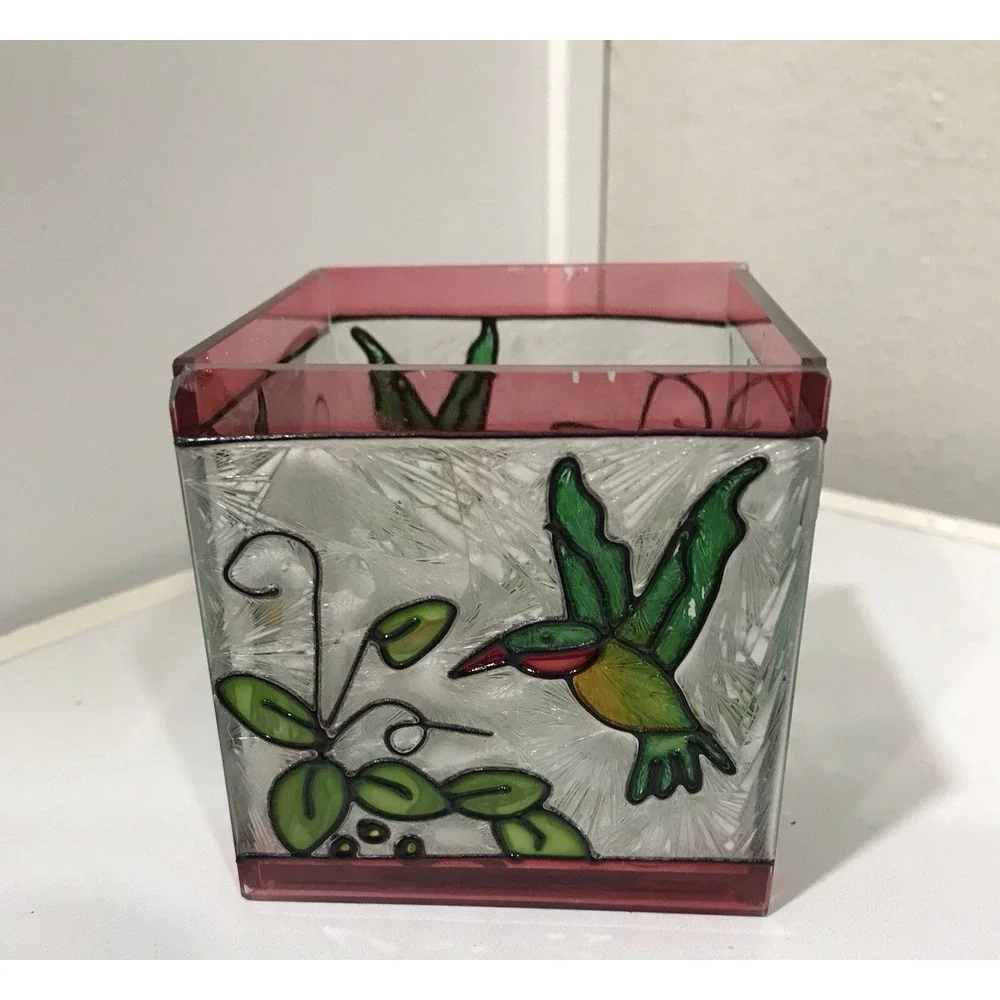 Glass Votive Hand Painted Hummingbird Flowers 3